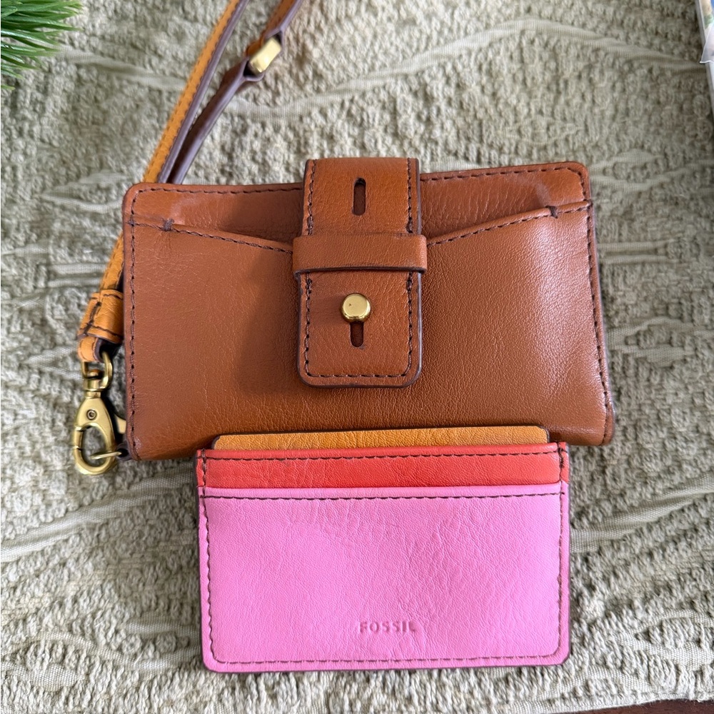 Fossil Tan Leather Wristlet with Pink Card Holder